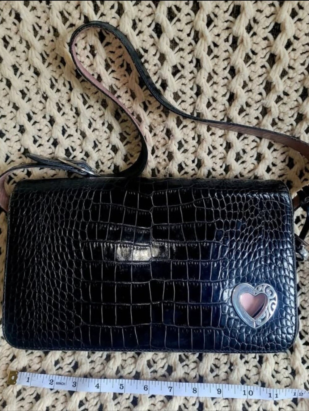 Brighton Black Croc-Embossed Crossbody Bag with Heart Accent